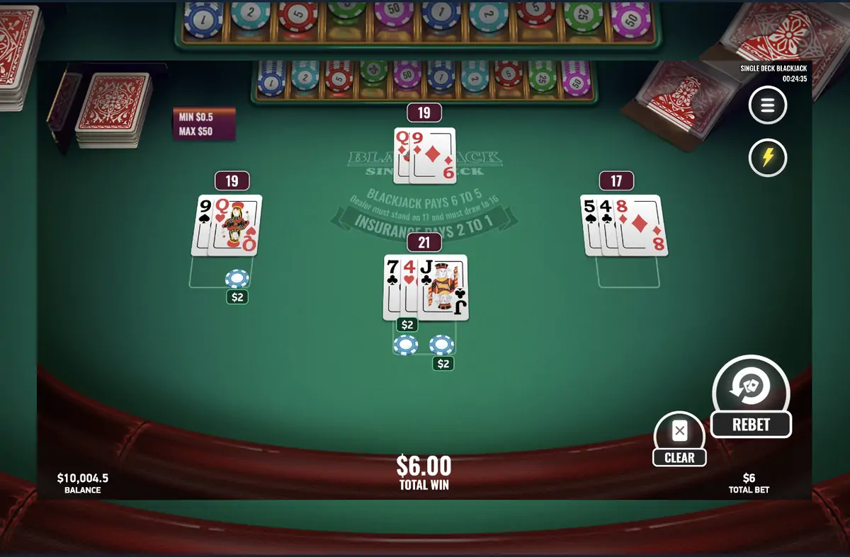 Single Deck Blackjack en ligne